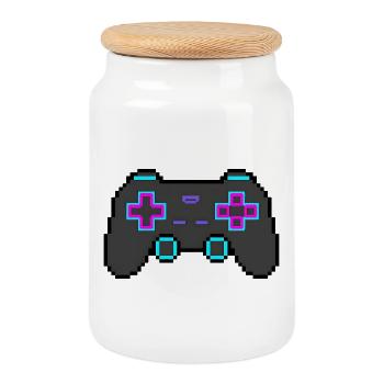Pixel Game Controller Retro 8 Bit Shirt Sticker - Cookie Jar with Wooden Lid - white - Front