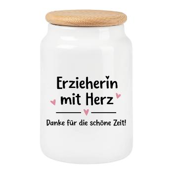 Kindergarten teacher with heart – gift for kindergarten teacher child - Cookie Jar with Wooden Lid - white - Front