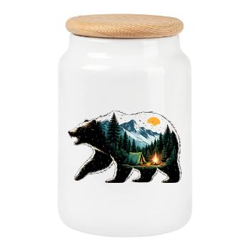 Ursine Adventure: Mountain Camping - Cookie Jar with Wooden Lid - white - Front