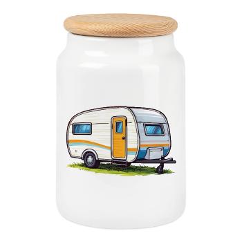 Illustration de voyage en caravane rétro - Boîte à biscuits avec couvercle en bois - blanc - Devant