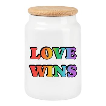 Love Wins LGBT Month Rainbow Text - Cookie Jar with Wooden Lid - white - Front