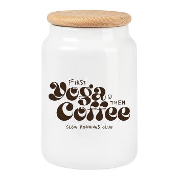 Yoga d’abord, café après - Boîte à biscuits avec couvercle en bois - blanc - Devant