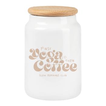 Yoga zuerst, Kaffee danach - Keksdose mit Holzdeckel - Weiß - Vorne