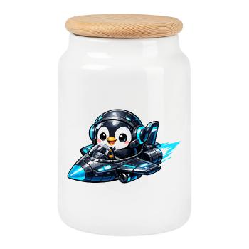 Neon penguin pilot in rocket jet - Cookie Jar with Wooden Lid - white - Front