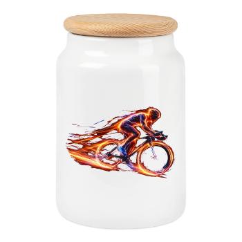 Road Bike Rider Speed Bike Design - Cookie Jar with Wooden Lid - white - Front