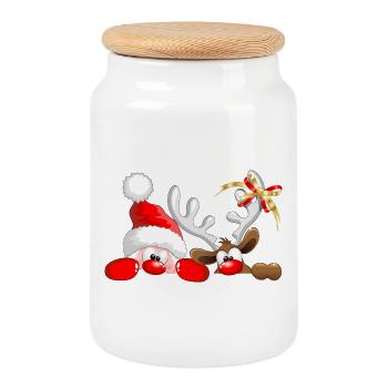 Père Noël drôle et rennes qui espionnent - Boîte à biscuits avec couvercle en bois - blanc - Devant