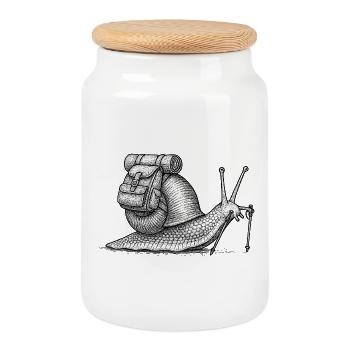 Snail Trekker mit Rucksack - Keksdose mit Holzdeckel - Weiß - Vorne