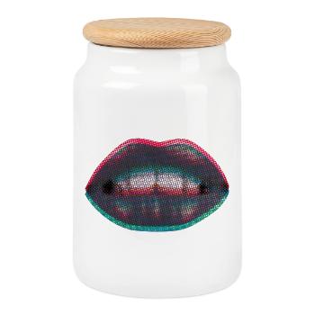 Dotted neon lips - Cookie Jar with Wooden Lid - white - Front