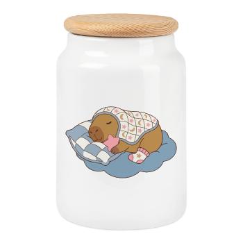 Dreamy Capybara on a  Cloud Blanket - Babywear Art - Cookie Jar with Wooden Lid - white - Front