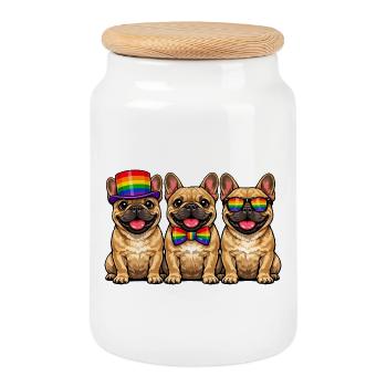 3 Frenchies Pride Dogs Rainbow Colors LGBTQ - Cookie Jar with Wooden Lid - white - Front