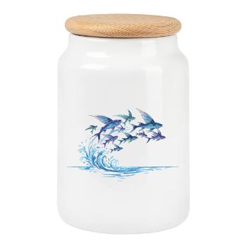 Flying Fish Gliding Over Water Waves Motif - Cookie Jar with Wooden Lid - white - Front