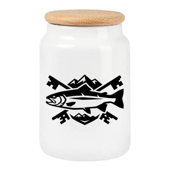 Trout Mountains Coat of Arms Fishing Angling Club Logo - Cookie Jar with Wooden Lid - white - Front