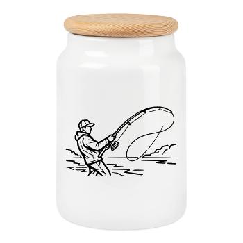 Silhouette du pêcheur pêche à la mouche Pêche - Boîte à biscuits avec couvercle en bois - blanc - Devant