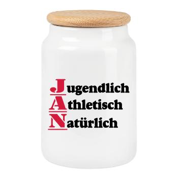 Jan , Vorname,Namensschild,Name,Fun Shirt (25) - Keksdose mit Holzdeckel - Weiß - Vorne