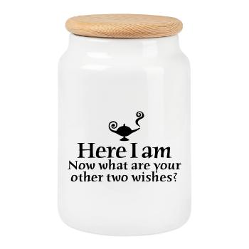 Here I am, now what are your other two wishes - Cookie Jar with Wooden Lid - white - Front