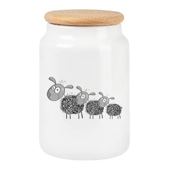 Three wool sheep - sheep cartoon - Cookie Jar with Wooden Lid - white - Front