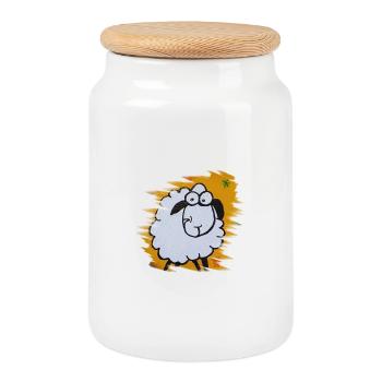 Mouton drôle sur fond orange - Boîte à biscuits avec couvercle en bois - blanc - Devant