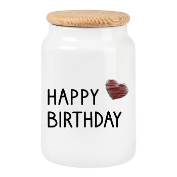 HAPPY BIRTHDAY. HAPPY BIRTHDAY. - Cookie Jar with Wooden Lid - white - Front