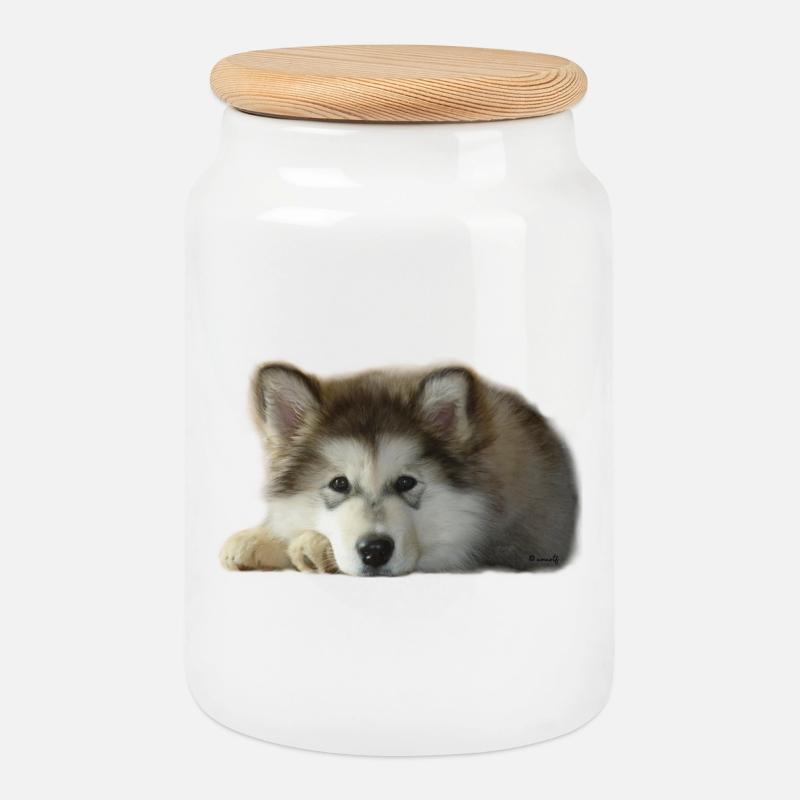 Chiot malamute Maia - Boîte à biscuits avec couvercle en bois - blanc