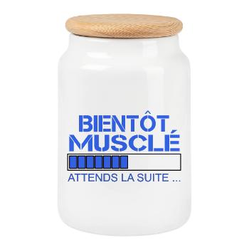 Bientôt Musclé - Attends la Suite - Boîte à biscuits avec couvercle en bois - blanc - Devant