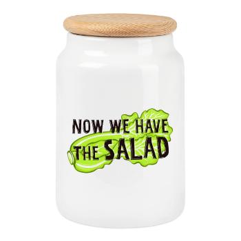 Now we have the salad. Denglisch, Salat, Veggie - Keksdose mit Holzdeckel - Weiß - Vorne