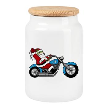 Santa Motorrad-Design mit Schnee - Keksdose mit Holzdeckel - Weiß - Vorne