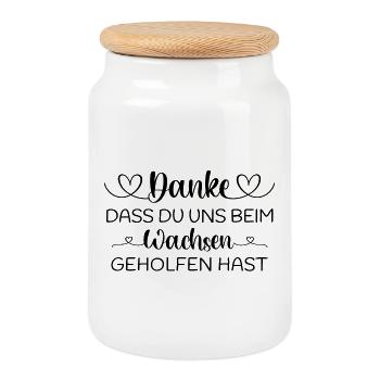 Danke dass du uns beim Wachsen geholfen hast - Keksdose mit Holzdeckel - Weiß - Vorne