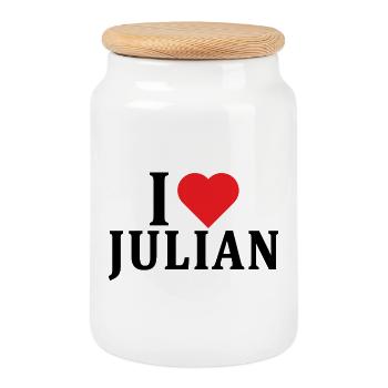 Name T-Shirt Ich liebe Julian T-Shirt Geschenkidee - Keksdose mit Holzdeckel - Weiß - Vorne
