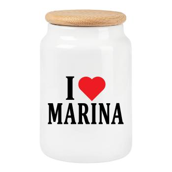 Name T-Shirt I love Marina T-Shirt Geschenkidee - Keksdose mit Holzdeckel - Weiß - Vorne