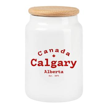 Vintage Calgary Canada - Cookie Jar with Wooden Lid - white - Front