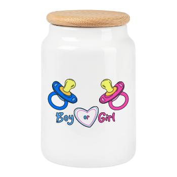 Boy or Girl Heart Design Baby Print - Cookie Jar with Wooden Lid - white - Front