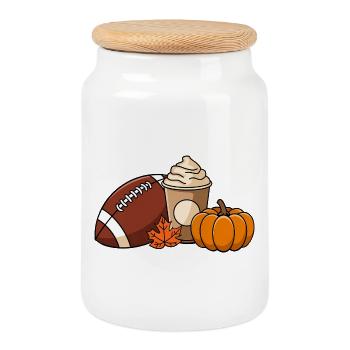 Herbstfreuden: Football, Kürbis und Pumpkin Spice - Keksdose mit Holzdeckel - Weiß - Vorne