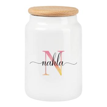 N | Monogram | Name | Nahla |Watercolor - Cookie Jar with Wooden Lid - white - Front