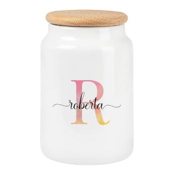 R | Monogram | Name | Roberta |Watercolor - Cookie Jar with Wooden Lid - white - Front