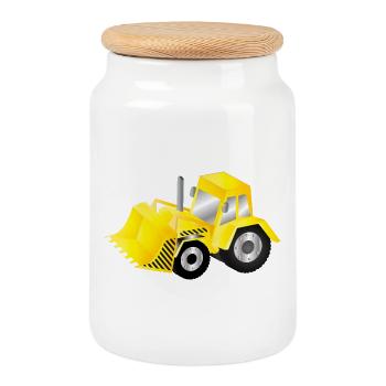 Excavatrice jaune vif avec puissance - Boîte à biscuits avec couvercle en bois - blanc - Devant