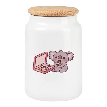 Cute Koala Bear Eating Pizza - Cookie Jar with Wooden Lid - white - Front