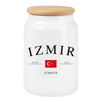 Izmir Turkey – Holiday Souvenir & Gift - Cookie Jar with Wooden Lid - white - Front