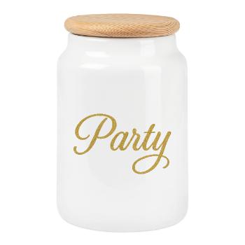 PARTY Script élégant de paillettes d’or pour les célébrations - Boîte à biscuits avec couvercle en bois - blanc - Devant