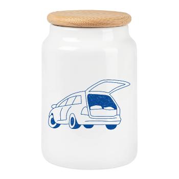 Camping in the car - Cookie Jar with Wooden Lid - white - Front