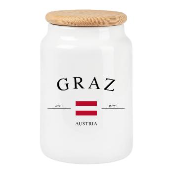 Graz Austria – Holiday Souvenir &amp; Gift - Cookie Jar with Wooden Lid - white - Front