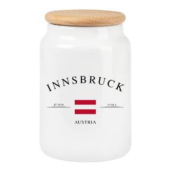 Innsbruck Österreich – Urlaub Souvenir & Geschenk - Keksdose mit Holzdeckel - Weiß - Vorne