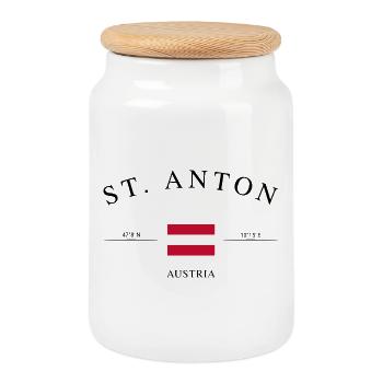 St. Anton Österreich – Urlaub Souvenir & Geschenk - Keksdose mit Holzdeckel - Weiß - Vorne
