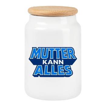 Maman peut tout faire Motif en bleu - Boîte à biscuits avec couvercle en bois - blanc - Devant