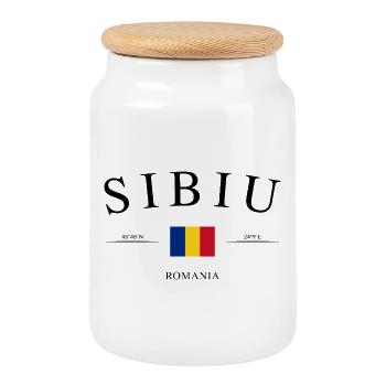 Sibiu Romania – Holiday Souvenir & Gift - Cookie Jar with Wooden Lid - white - Front