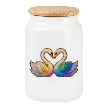 Rainbow Heart Swan Pair - Cookie Jar with Wooden Lid - white - Front