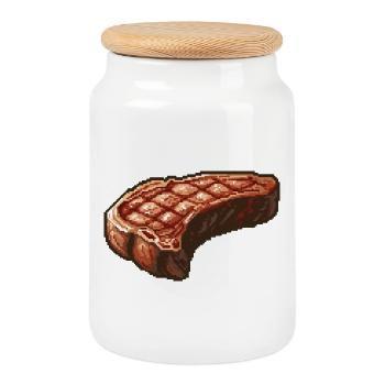 Pixel Steak Retro Grill Art - Cookie Jar with Wooden Lid - white - Front