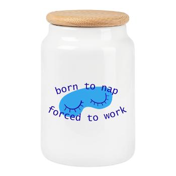 born_to_nap_forced_to_work_sleepy_eyes_blau - Cookie Jar with Wooden Lid - white - Front