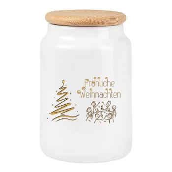 Merry Christmas convivial round in Advent - Cookie Jar with Wooden Lid - white - Front