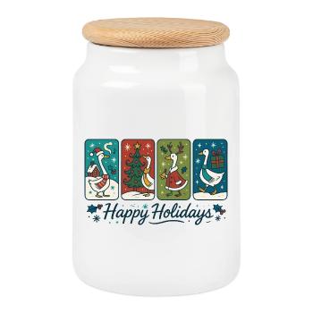Goose Christmas Funny Santa Happy Holidays - Cookie Jar with Wooden Lid - white - Front