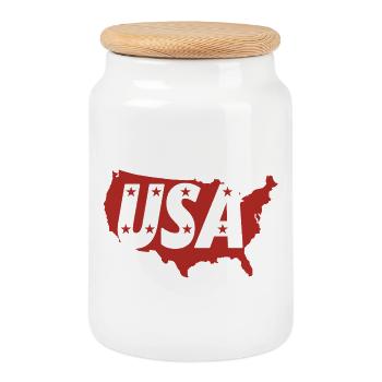USA-Karte mit Buchstaben-Monogrammen und Sternen - Keksdose mit Holzdeckel - Weiß - Vorne